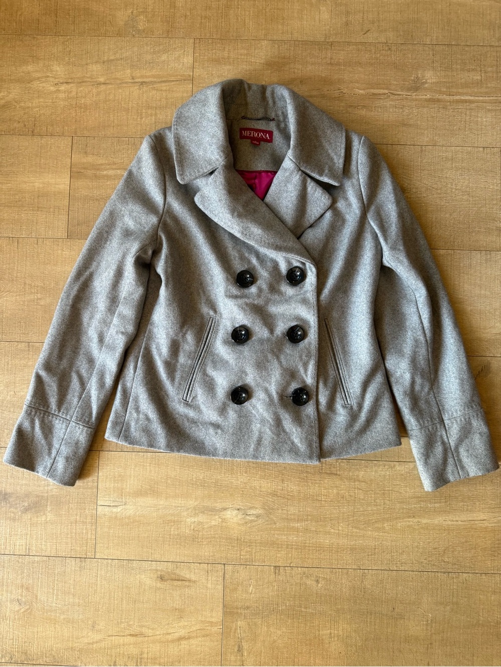Merona Wool Blend Double Breasted Peacoat Heather Gray Magenta Lining Size Small